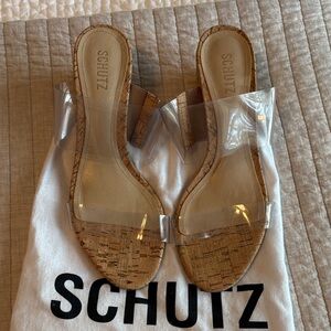 SCHUTZ Victorie Cork and Clear Strap Heels